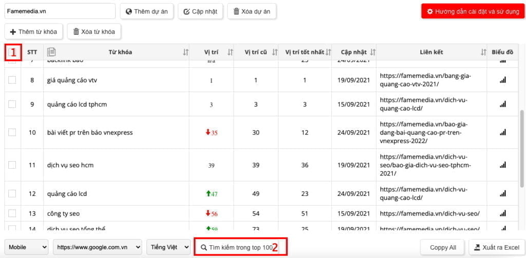 Kiểm tra thứ hạng từ khóa với Spineditor