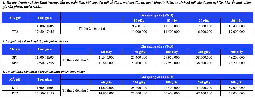 Bảng giá thông tin 260