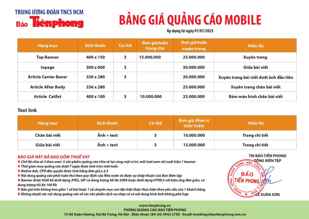 Bảng giá quảng cáo báo Tiền Phong trên Mobile