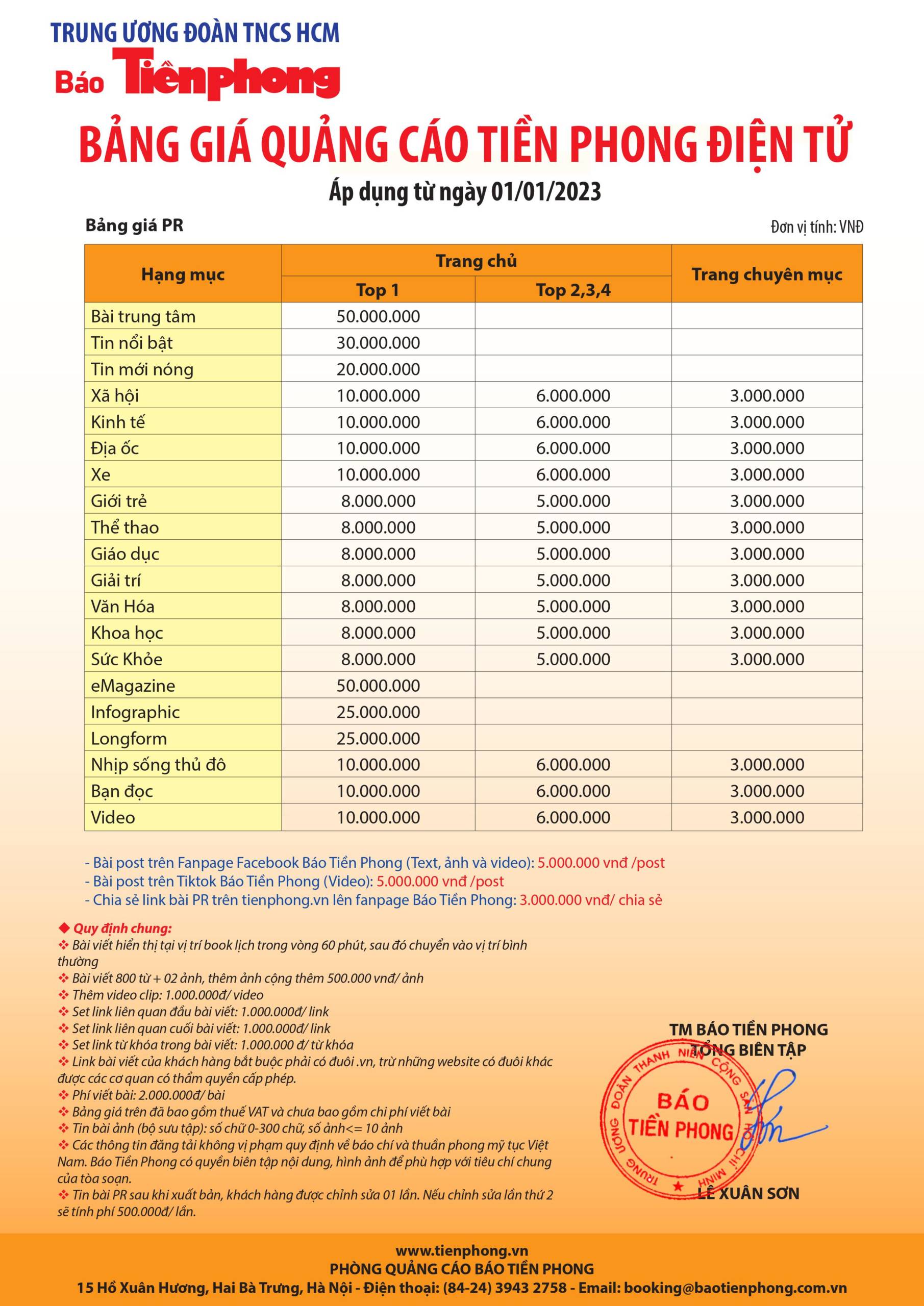 Bảng giá quảng cáo booking bái viết PR báo Tiền Phong