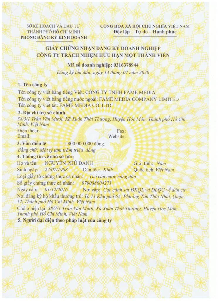 Giấy phép kinh doanh Fame Media