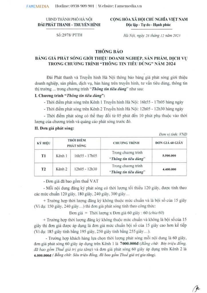 Giá quảng cáo TGT truyền hình Hà Nội -1