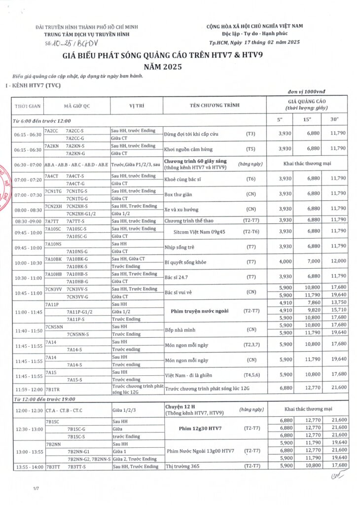 Báo giá quảng cáo HTV7, HTV9