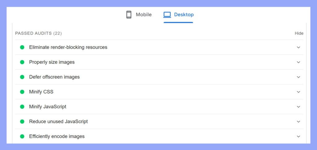 Pagespeed Insights – Passed audits 