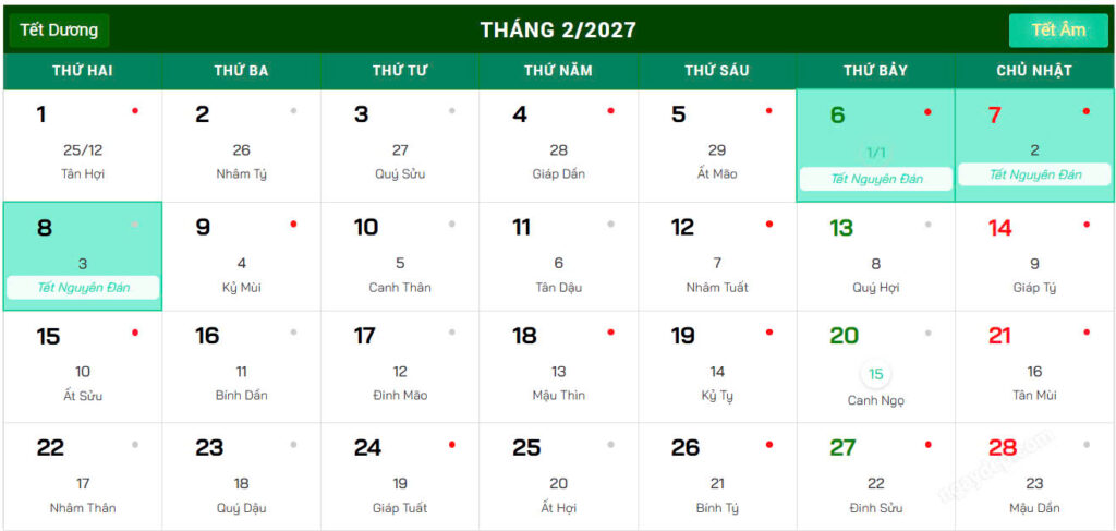 Còn bao nhiêu ngày nữa đến Tết Tây 2027