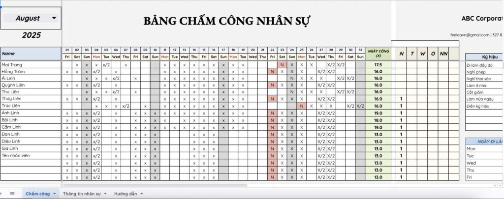 Mẫu template google sheet chấm công nhân viên