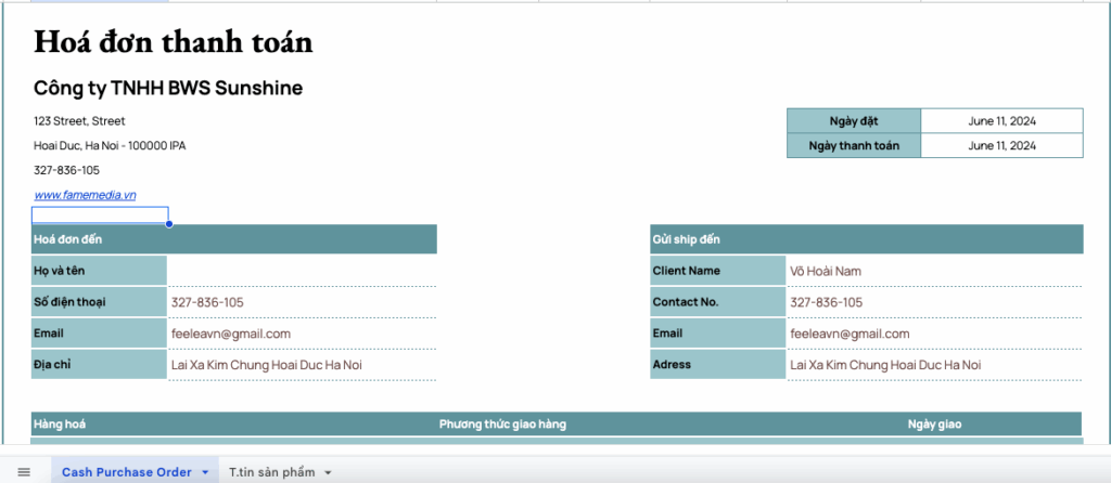 Mẫu template google sheet lập hóa đơn thanh toán và gửi hàng cho cửa hàng