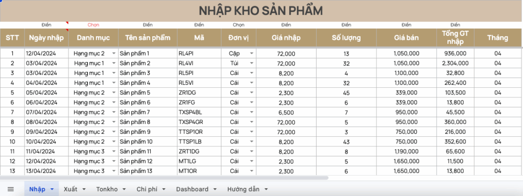 Mẫu template google sheet quản lý xuất nhập tồn kho từng sản phẩm