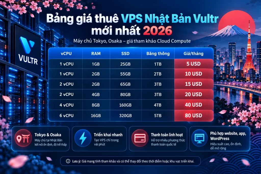 Bảng giá thuê VPS Nhật Bản Vultr mới nhất 2026