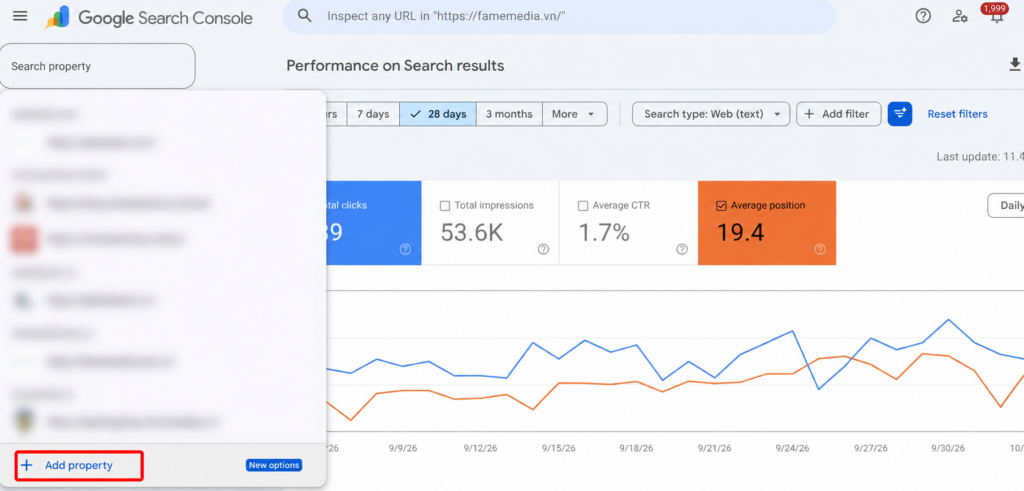Bấm add property để thêm website vào Google Search Console