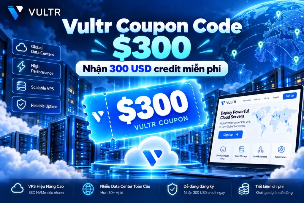 Vultr Coupon Code $300 – Nhận 300 USD credit miễn phí