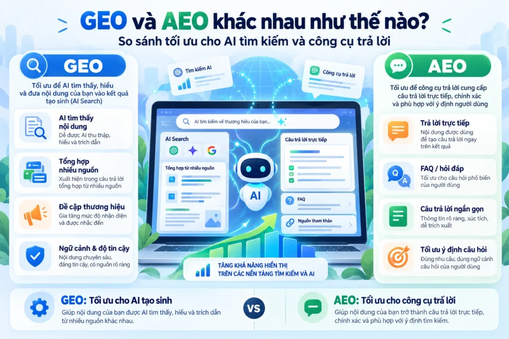 GEO và AEO khác nhau như thế nào: 7 Khác Biệt Người Làm SEO Cần Biết